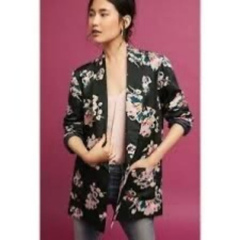 Anthropologie Ett:Twa Black & Pink Floral Tatie Satin Oversized Open Blazer Jack